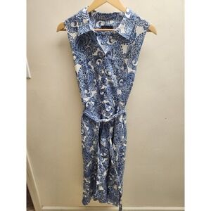 Tommy Hilfiger Womens Paisley Cotton Linen Sleeveless Shirt Dress Blue White 10